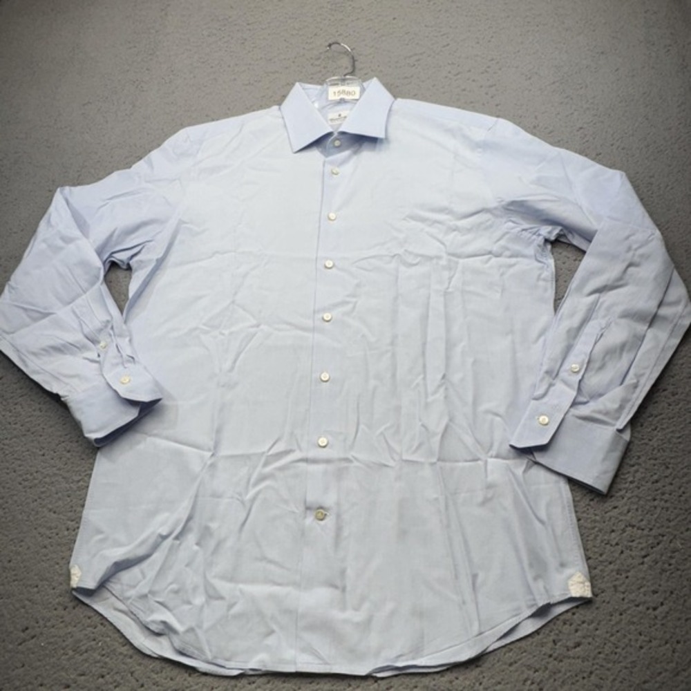 Emanuel Berg Dress Shirt Mens 17.5 34/35‎ Blue Solid Hand Made Business Casual